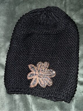 Black Knit Beanie with Gold Sequin Flower Accent